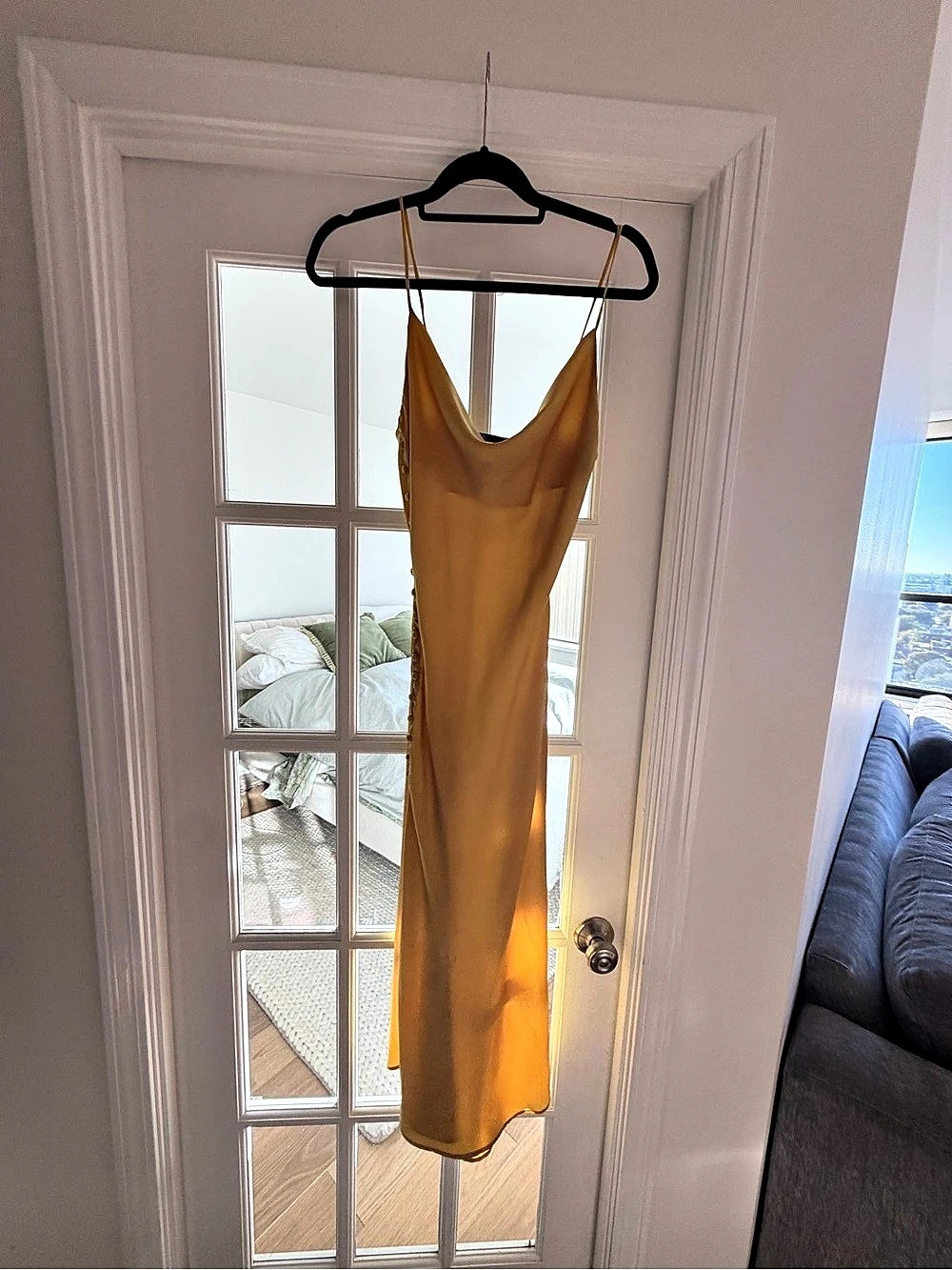 Zara Satin Effect Slip Dress with Side Buttons Yellow Medium